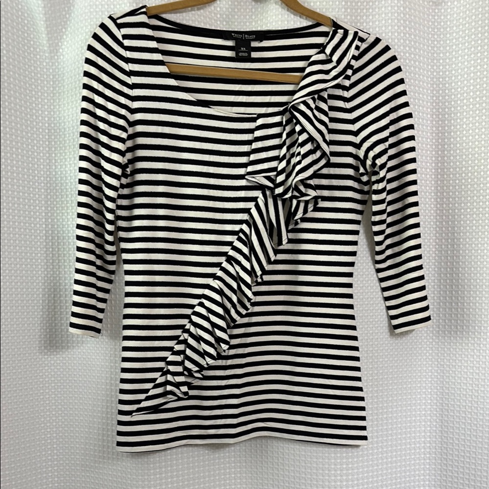 White House Black Market Black Silver and Ecru Striped Top with Ruffle XS